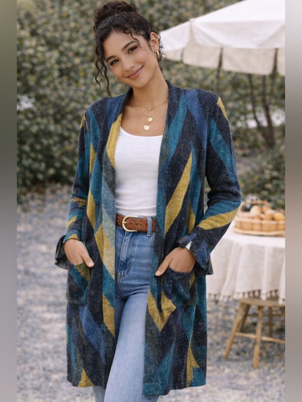 Susan Graver Sparkle Chevron Open Front Longline Cardigan